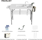 42.5" Fish Cleaning Table with Dual Sink, Portable Folding Camping Table with Faucet, Sprayer, Grid Rack, Hose Hook Up & Knife Groove, Outdoor Sink Station for Picnic Beach Patio