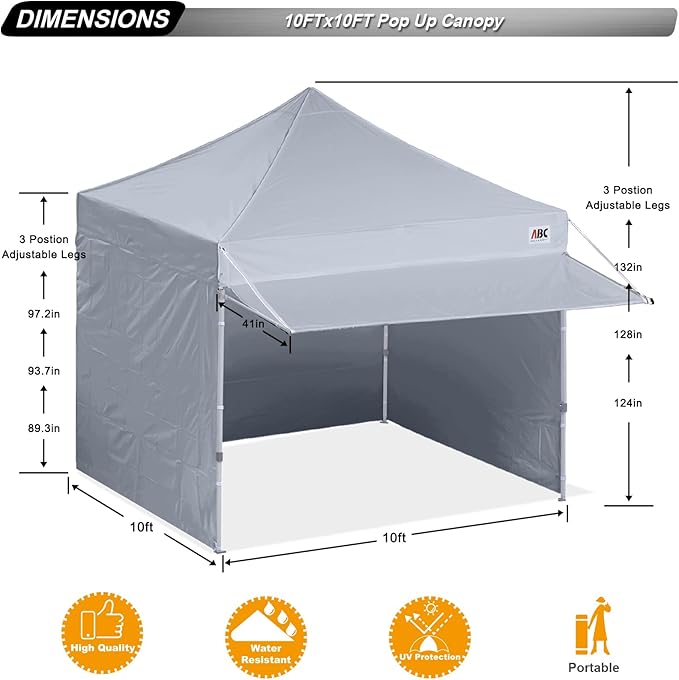 ABCCANOPY 10x10 Pop up Canopy Tent with Sidewalls - Easy up Canopies with Awning, Outdoor Tents for Parties, Market, Commercial Events, Gray