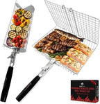 ROASTWURK's Bbq Grill Basket Set For Meat Fish Vegetables Stainless Steel 304 Barbecue Bbq Grilling Accessories Gifts For Men, Removable Wooden Handle Tool Shrimp Outdoor Cooking Camping Tailgating