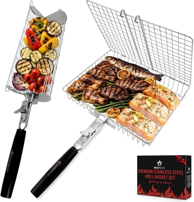 ROASTWURK's Bbq Grill Basket Set For Meat Fish Vegetables Stainless Steel 304 Barbecue Bbq Grilling Accessories Gifts For Men, Removable Wooden Handle Tool Shrimp Outdoor Cooking Camping Tailgating