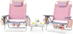 Tangkula Backpack Beach Chair with Table, 5-Position Lay Flat Chairs with Cooler Bag, 2 Cup Holders, Towel Bar, Lightweight Low Folding Chair with Backpack Straps, Pink
