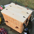 Portable Rattan Picnic Basket Set with Shoulder Strap - Insulated Outdoor Picnic Box with Cover & 4-Piece Tableware for Camping and Outdoor Activities