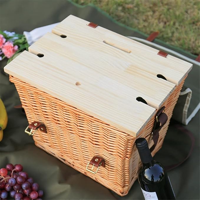 Portable Rattan Picnic Basket Set with Shoulder Strap - Insulated Outdoor Picnic Box with Cover & 4-Piece Tableware for Camping and Outdoor Activities