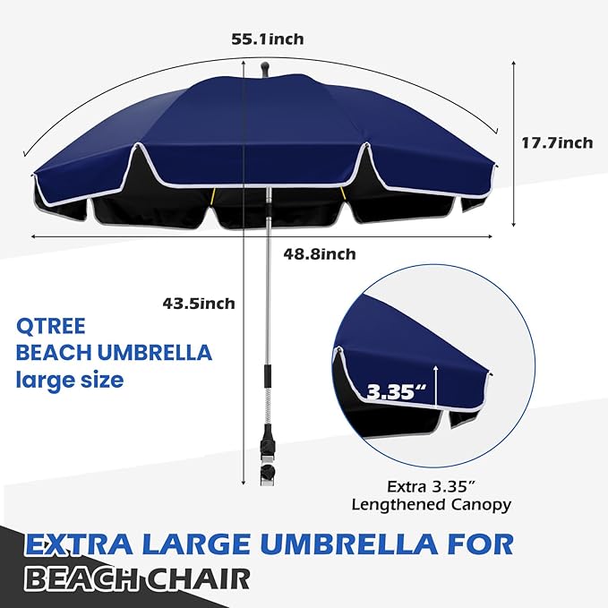 48.8 inch Beach Umbrella with Clamp Sun Shade for Beach Chair, 360°Adjustable UV Protection Golf Umbrella with Clip for Outdoor Stroller Wheelchair Camping Chair（ink blue）