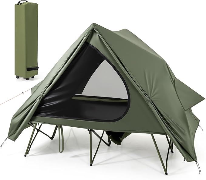 Tangkula 2 in 1 Tent Cot, 2-Person Portable Off-Ground Elevated Camping Tent with Cot, Removable Rainfly, Wheeled Bag, Stakes & Wind Ropes for Outdoor Hiking, Picnic, Travel