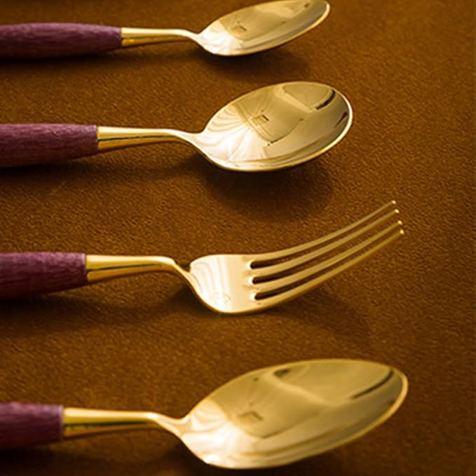 42 Piece Gold Silverware Set Stainless Steel Violet Wood Handle Flatware Set for 6，Kitchen Utensil Tableware Sets Forks Spoons and Knives Set for Home/Camping/Travel,Mirror Finish