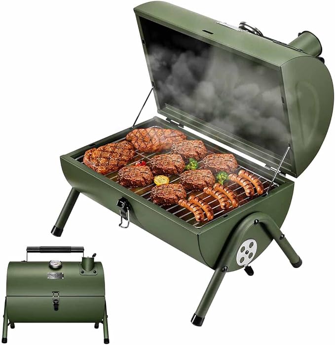 MAISON HUIS Adjustable Portable Charcoal Grill Multi-functional Metal Small BBQ Smoker for Outdoor Hiking Picnic(Green)