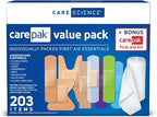 Care Science CarePak Variety Pack 203pc, Assorted | Includes Sheer, Waterproof, Plastic Bandages and a First Aid Kit. Breathable Protection for Use on Minor Cuts, Scrapes and Burns