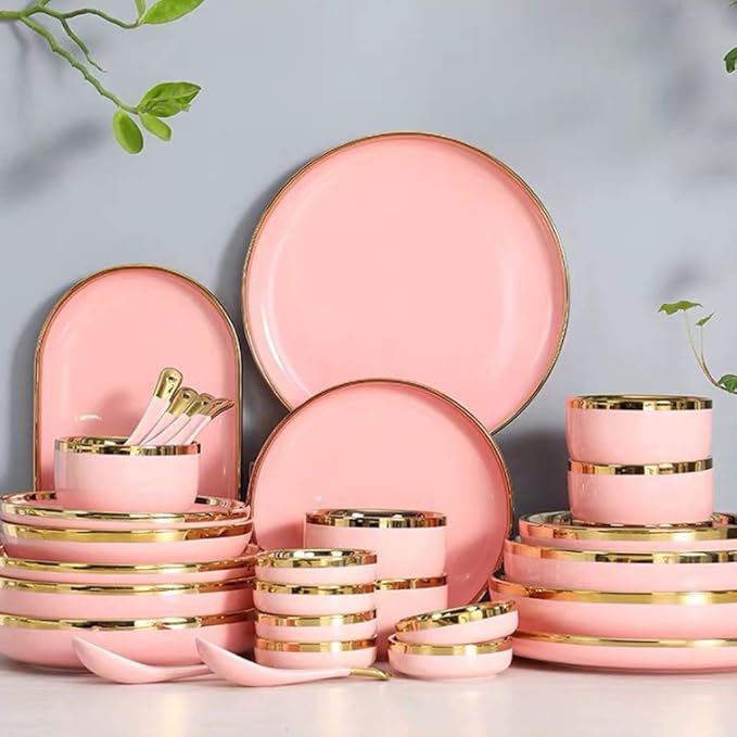 Dinner Plate European-Style Phnom Penh Dishes Set Household 6-Person Tableware and Chopsticks Combination Tableware/Gold (Green)