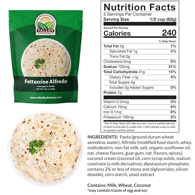 Valley Food Storage Fettuccine Alfredo | 10-Bag Bucket, 50 Servings | Premium Emergency Food Supply, 25 Year Shelf Life | Survival Meal Kits, Prepper Food, Camping & Long Term Food Storage | Packaged in USA