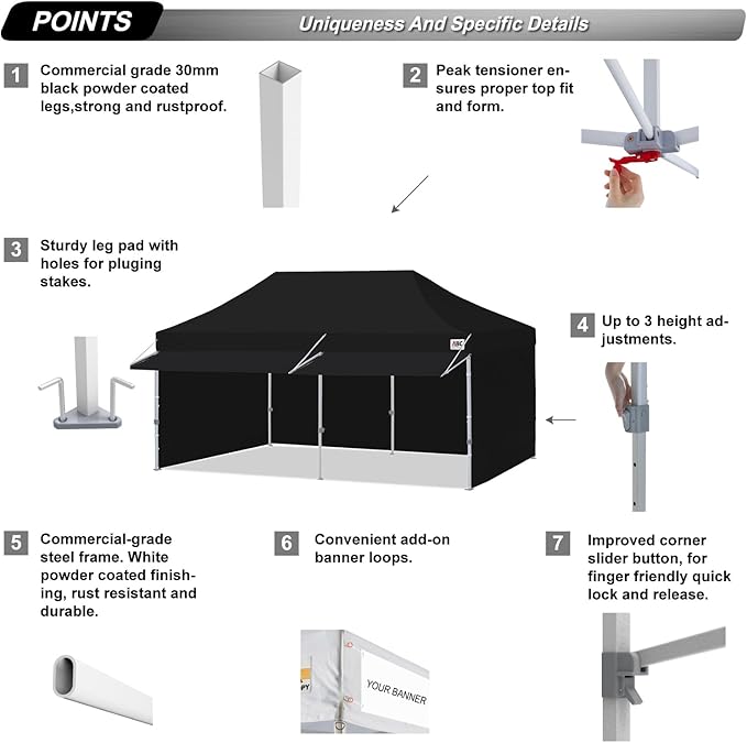 ABCCANOPY 10x20 Pop up Canopy Tent with Sidewalls - Easy up Canopies with Awning, Outdoor Tents for Parties, Market, Commercial Events, Black