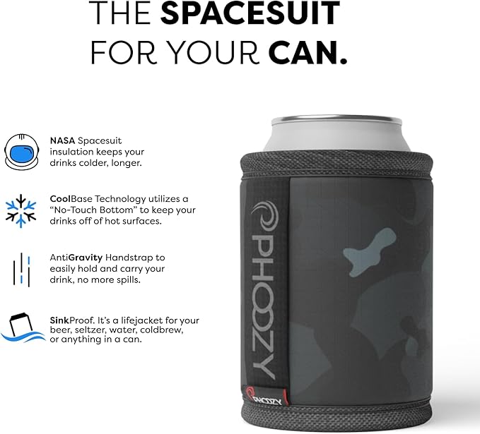 PHOOZY Insulated Can Cooler for 12oz Cans with NASA-Inspired Technology - Patented Koozie That Keeps Drinks Cold 10x Longer - Lightweight Beer Koozie for Outdoor Adventures - Black Camo