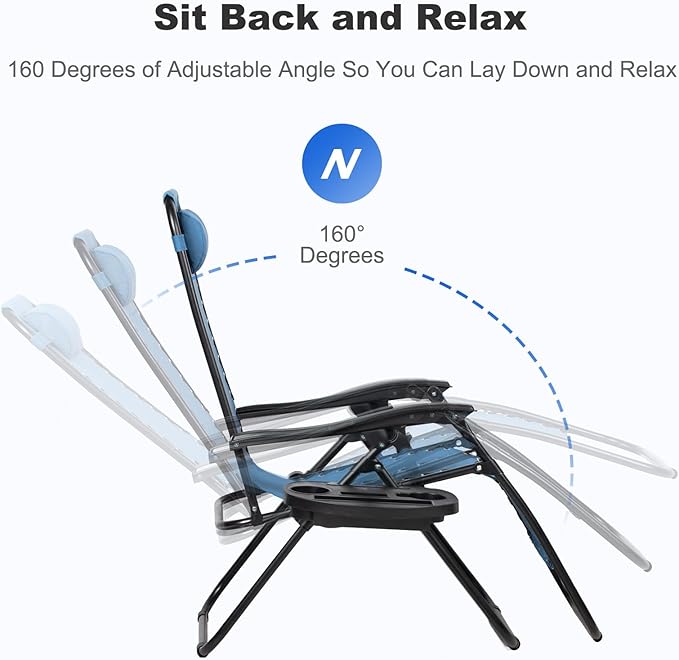 Nazhura Set of 2 Relaxing Recliners Patio Chairs Adjustable Steel Mesh Zero Gravity Lounge Chair Beach Chairs with Pillow and Cup Holder (Sky Blue)