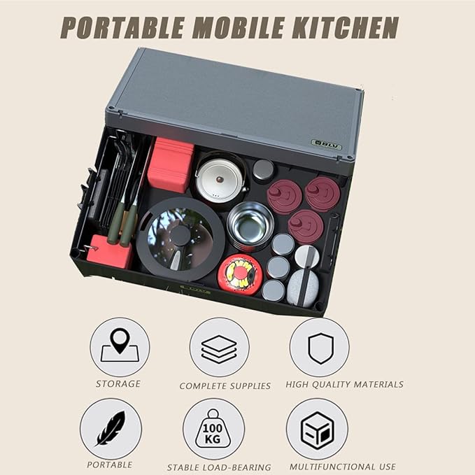 Folding Camping Kitchen Table with Cookware Tableware Sets,Aluminum Portable Outdoor Cooking Table,for Outdoor Picnic
