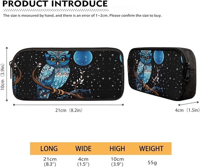 3 Set of Blue Owl and Moon Printing Book Bag, Matching Portable Lunch Box and Large Capacity Pencil Case, 17 inch School Backpack with Sturdy Handle Double Zipper