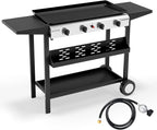 ROVSUN 4 Burner Portable Propane Griddle with Electronic Ignition, 40000 BTU Rolling Flat Top Gas Grill with Nonstick Enameled Tray, Side Shelves & Regulator for Outdoor Cooking Camping BBQ Tailgating