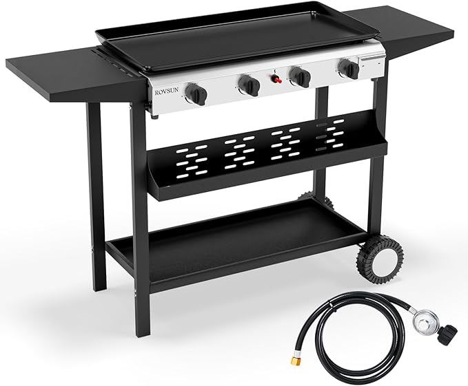 ROVSUN 4 Burner Portable Propane Griddle with Electronic Ignition, 40000 BTU Rolling Flat Top Gas Grill with Nonstick Enameled Tray, Side Shelves & Regulator for Outdoor Cooking Camping BBQ Tailgating