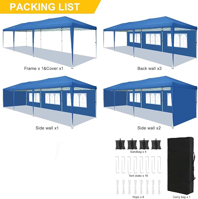 COBIZI 10x30 Pop Up Canopy Tent with 5 Sidewalls Party Tents for Parties Wedding Backyard Waterproof Outdoor Commercial Canopy Event with Sandbags, Blue