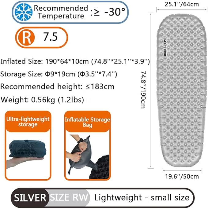 Single Inflatable Sleeping Mat, 20D Nylon Lightweight Air Bed for Adults, Air Mattress with Storage Bag for Camping Ultralight Backpacking, Hiking, Traveling & Outdoor Activities
