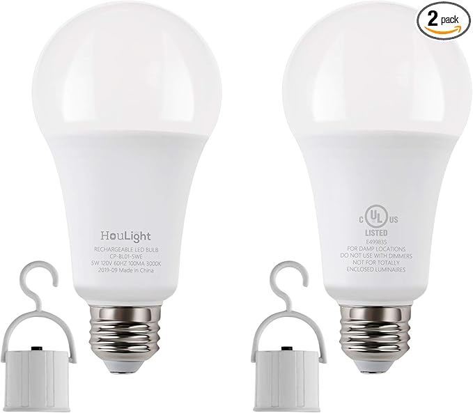 5W Rechargeable Emergency LED Light Bulbs with Back Up Battery for Power Outage, Camping, Hurricane, Disaster Planning, 40W Equivalent, UL Certified (5000K Daylight White, 2-Pack)