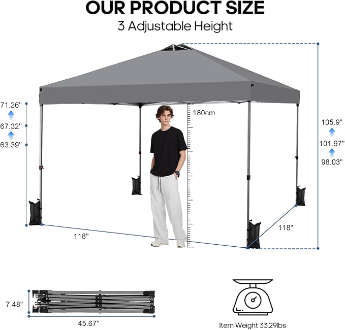 10x10 FT Pop Up Canopy, Easy Up Canopy Tent for Outdoor Patio, Backyard Parties Camping & Beach, Heavy Duty Instant Canopies with 1-Button Setup, 3 Adjustable Heights, UPF 50+ & Wheeled Bag