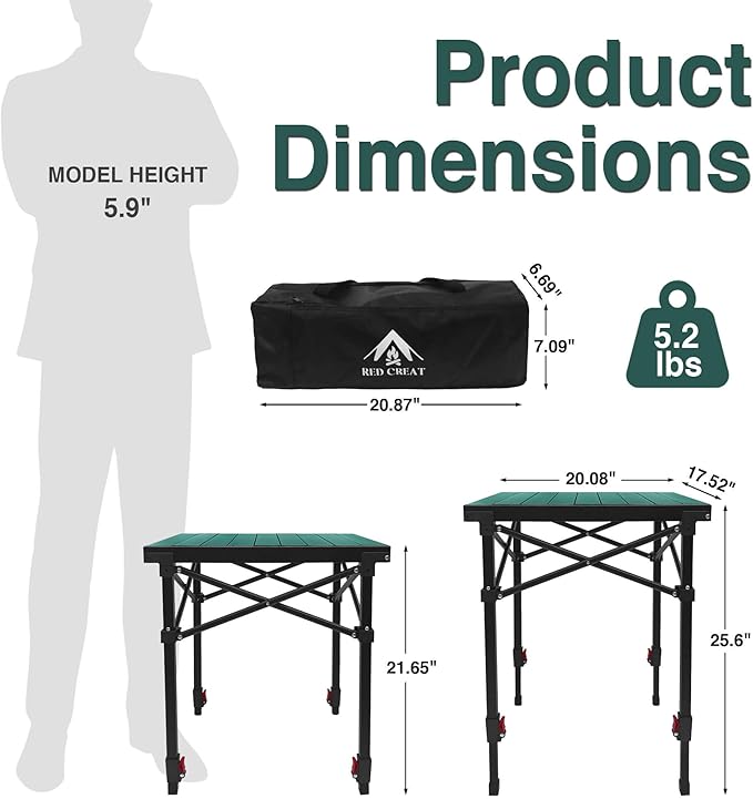 Portable Camping Table with Adjustable Height, Lightweight Aluminum Roll Top Folding Camp Table with Storage Pockets & Dual-Compartment Bag, Heat-Resistant, for RV, Picnic, BBQ, Outdoor (M)