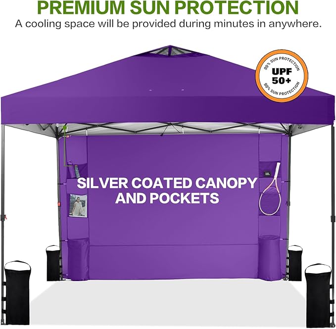 12'x12' Pop Up Canopy Tent with 1 Sidewall and 6 Pockets, One Push Setup, Case, 8 Stakes, 4 Ropes, 4 Sandbags (Purple, 12x12)