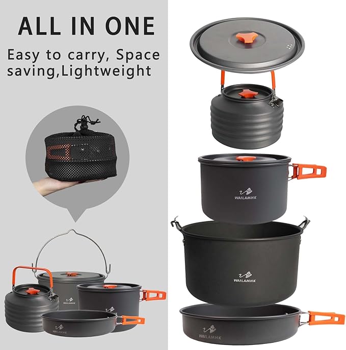 Camping Cookware Mess Kit with 3500W Stove, 7L Hanging Pot, 10L Water Bucket & Tableware Set for Outdoor Camping & Hiking