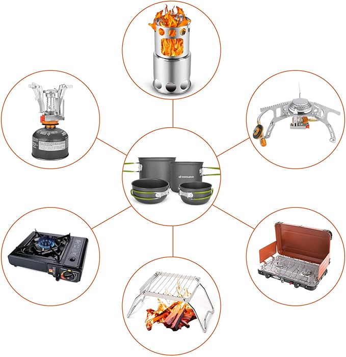 Odoland 16pcs Camping Cookware Mess Kit, Lightweight Pot Pan Mini Stove with 2 Cups, Fork Spoon Kits for Backpacking, Outdoor Camping Hiking and Picnic