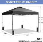 GDY 12x12 Pop Up Canopy Patio Carpas, One Push Set up with Central Lock Canopy with Wheeled Carry Bag, Included 4 Sandbaogs,8 Stakes and 4 Ropes, Black