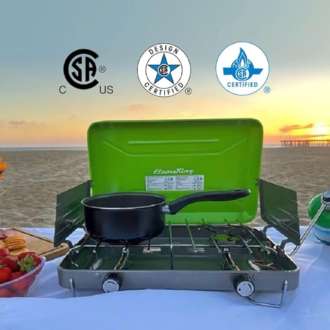 Flame King VT-101 2-Burner Portable Camping Stove Grill, Great for Outdoor Cooking, Backpacking, Compatible with 1LB Propane Gas Bottle