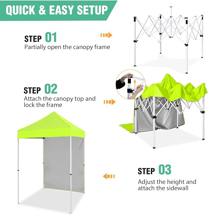 5x5 Pop Up Canopy Tent with One Sidewall, Instant Portable Beach Canopy, Outdoor Tent with Carry Bag for Camping, Sports, Tailgating, Events, Neon Green