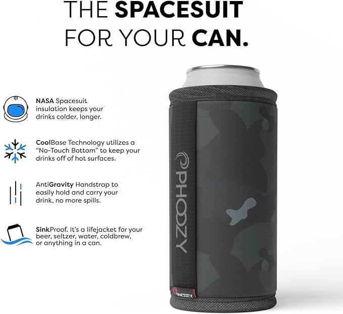 PHOOZY Insulated Can Cooler for Tall 24oz Cans with NASA-Inspired Technology - Patented Can Cooler That Keeps Drinks Cold 10x Longer - Lightweight for Outdoor Adventures - Black Camo