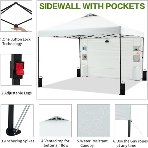 12'x12' Pop Up Canopy Tent with 1 Sidewall and 6 Pockets, One Push Setup, Instant Shade Tent with Vented Roof for Beach Patio Outdoor, Case, 8 Stakes, 4 Ropes, 4 Sandbags (White, 12x12)