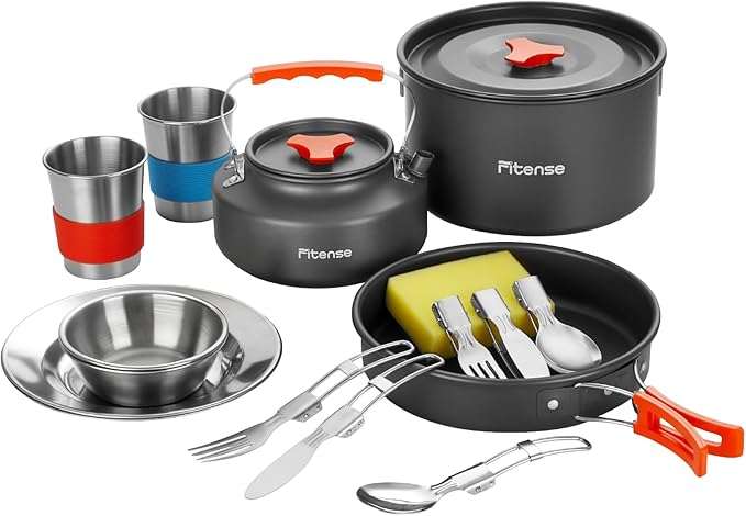 21Pcs Camping Cookware Mess Kit for 2, Lightweight Camping Kitchen Pots and Pans Set, Portable Cooking Essentials for Backpacking, Hiking and Picnic