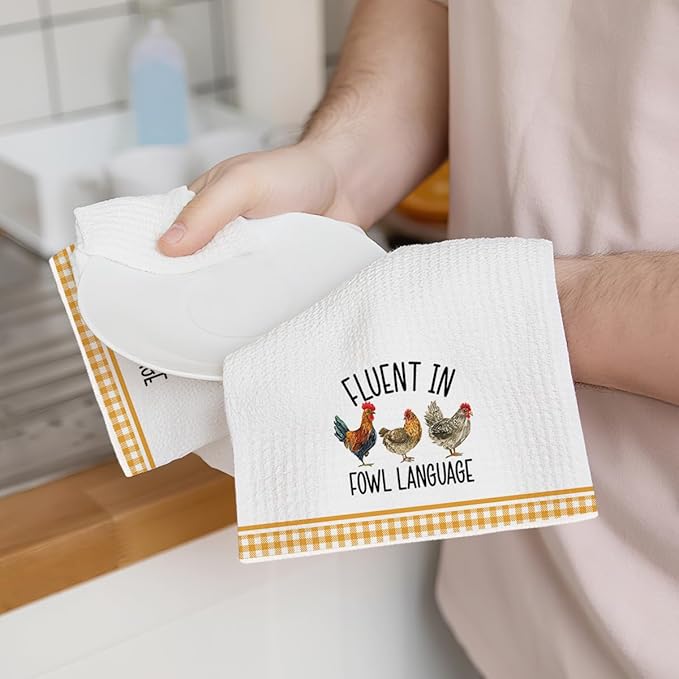2Pcs Funny Kitchen Towels 24x14 Inch, Rooster Chicken Kitchen Decor Waffle Weave Hand Towels for Farmhouse, White Absorbent Microfiber Dish Cloth Tea Towel Chicken Gifts for Women Mom 3