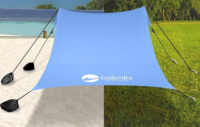 Beach Sun Shade Windproof Design, Sun Shelter UPF50+ Portable Family Tent with 6 Sandbags Anchors 10x10 FT 2 Pole