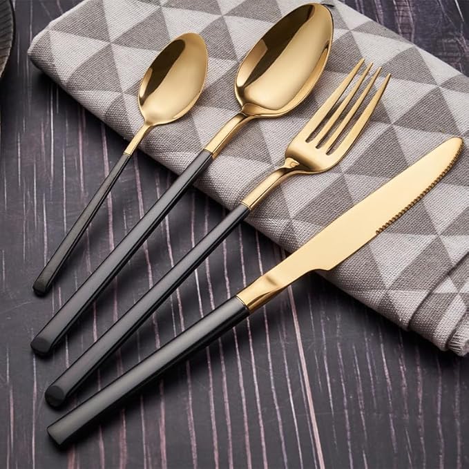 Premium 304 Stainless Steel Flatware Set - 5/20/30/40/50/60 Pieces Cutlery Set with Forks & Spoons - Elegant Tableware for Home & Hotel Dining (Black/Gold - 4 Pieces)