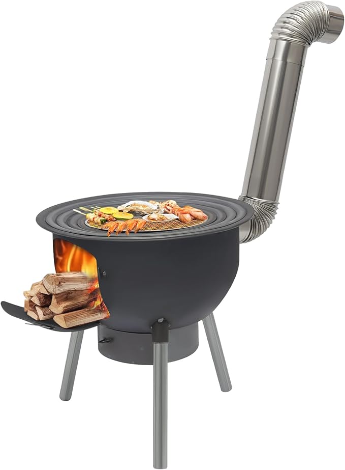 Wood Burning Stove with Grill Rack, Portable Camping Rocket Stove Chimney Charcoal Grill & 4 Wok Rings, for Outdoor Backyard Cooking, Picnic and Barbecue (Black, 20.5 in)
