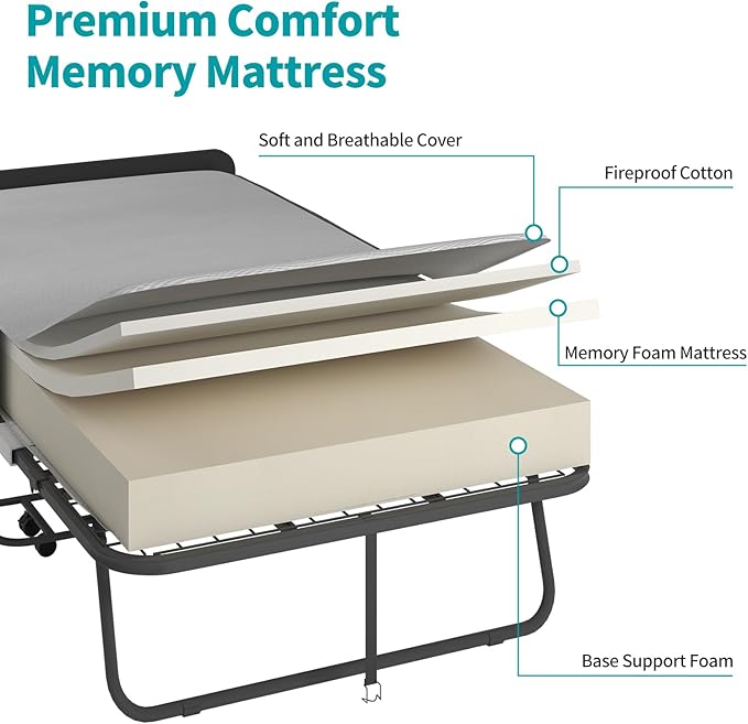 BALUS Folding Bed with Mattress, 75" x 31" Rollaway Bed with Headborad & Dustproof Bag, Portable Fold Up Beds with 5" Rebound Mattress, 2 Locking Caster Foldable Twin Frame for Bedroom/Office（Upgrade）
