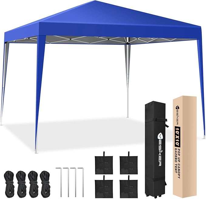Yesker 10x10 Pop Up Canopy Tent UPF 50+ Waterproof Outdoor Canopy Portable Folding Easy Setup Gazebo Adjustable Height Instant Sun Shade Tent with Wheeled Bag for Events Parties Camping Patio, Blue