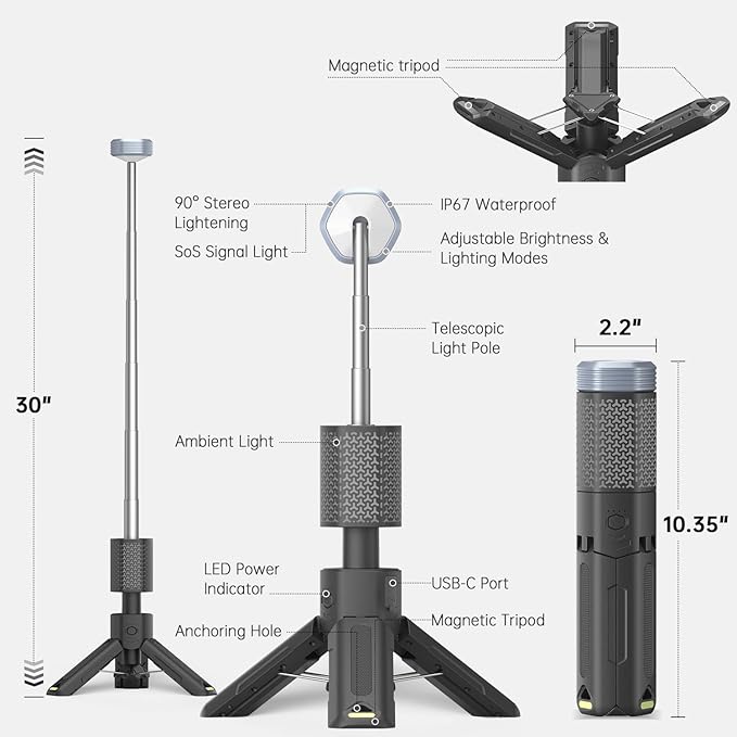 MORIKO Camping Lights Rechargeable Telescopic, Portable Collapsible Magnetic Lantern Camping Essentials, 10,500mAh IP67 Waterproof LED Flashlights, Camping Gear for Hiking Fishing Travel Emergency