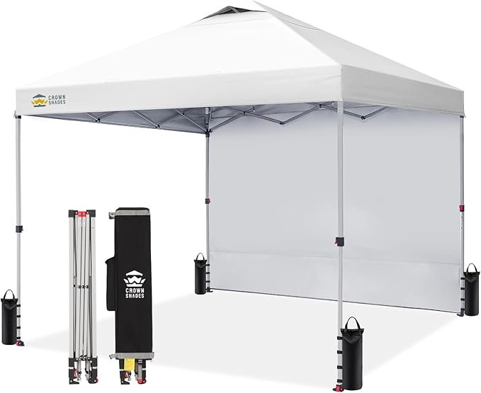 CROWN SHADES 12x12 Pop Up Canopy Tent Instant Commercial with 150D Silver Coated Fabric Including 1 Removable Sidewall, 4 Ropes, 8 Stakes, Weight Bags, STO 'N Go Bag, White