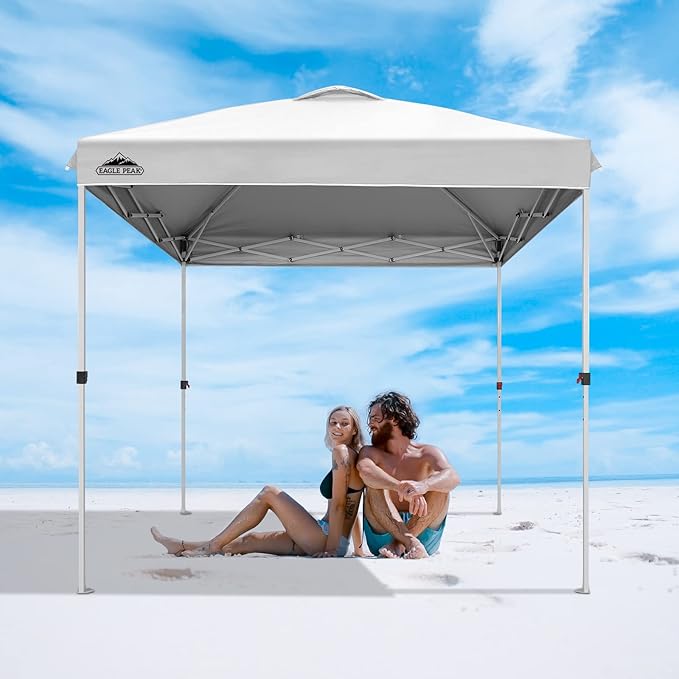 EAGLE PEAK Pop Up Canopy Tent with Wheeled Carry Bag, 8 Stakes, 4 Ropes, Easy Set Up Tent Canopy, 8x8 ft, White