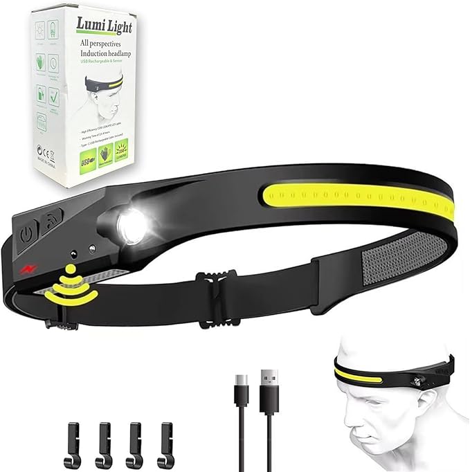 Lumi Light LED Headlamp Rechargeable, LED Head Band, 230° Wide Beam with Motion Sensor for Adults, 5 Mode Waterproof Lightweight Outdoor Camping Hiking Cycling Essentials (1)