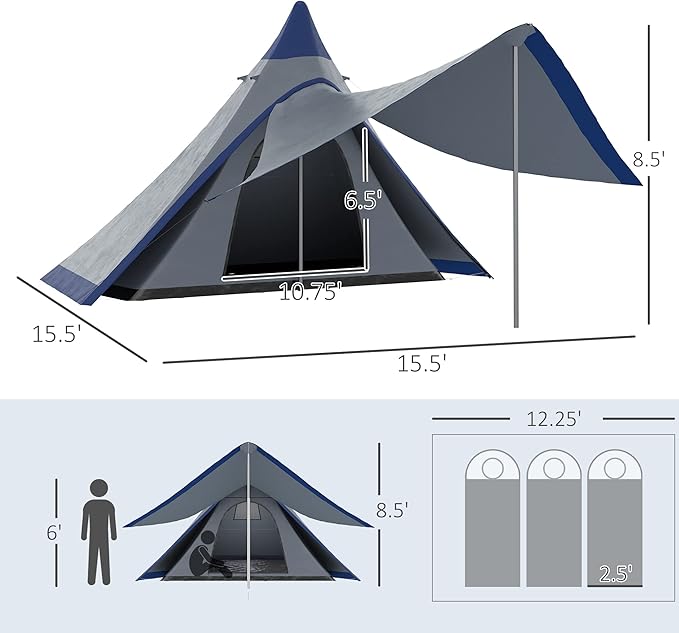 15.4'x15.4'x8.5' Waterproof Teepee Tent, with Porch, for 2-3 Person Backpacking Camping