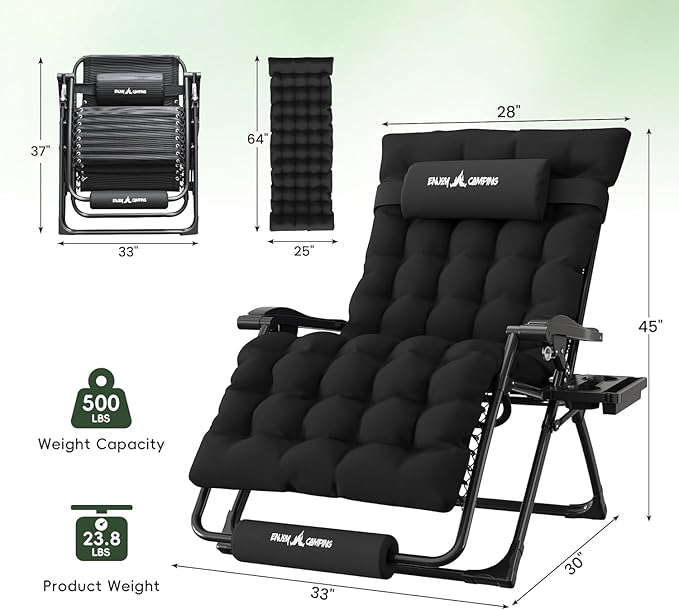 Amopatio Oversized Zero Gravity Chair w/Removable Cushion&Headrest, XXL 33In Reclining Camping Lounge Chair Upgraded Lock and Footrest, Folding Patio Recliner for Indoor Outdoor, Black