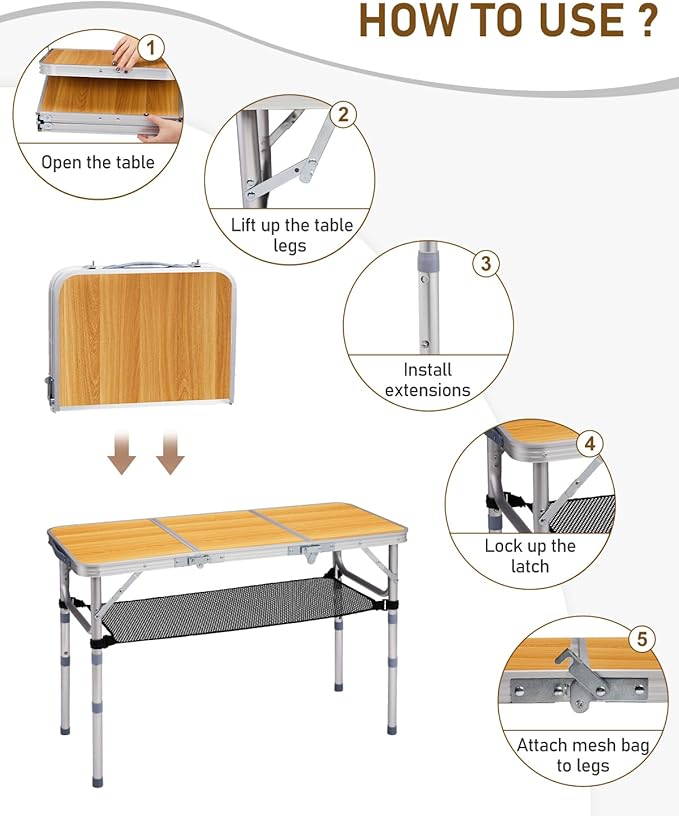 Outvita Folding Table, 3FT Aluminum Camping Table with Storage Adjustable Height Picnic Table Lightweight for Carring Outdoor Party Events Beach