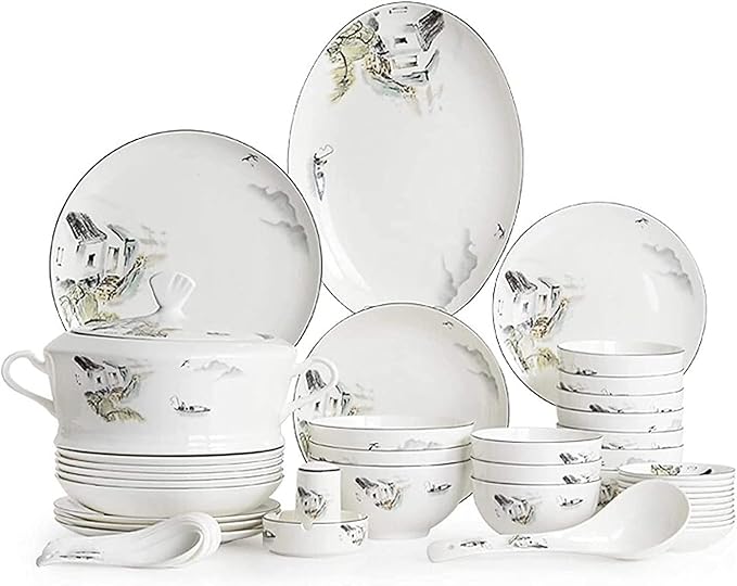 Dinnerware Set Dinner Party Tableware Service Set Ceramics Dinnerware Sets, Porcelain Cereals Bowls/Steak Plates/Soup Pot | 50 Pieces Chinese Style Bone China Dinner Combination Se