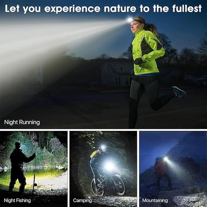 Headlamp Rechargeable LED Head Lamp, Super Bright Zoomable Head Light with Taillight and Night Vision Functions, Headlamps Adults Forehead Flashlight Headlight for Running, Camping, Hiking